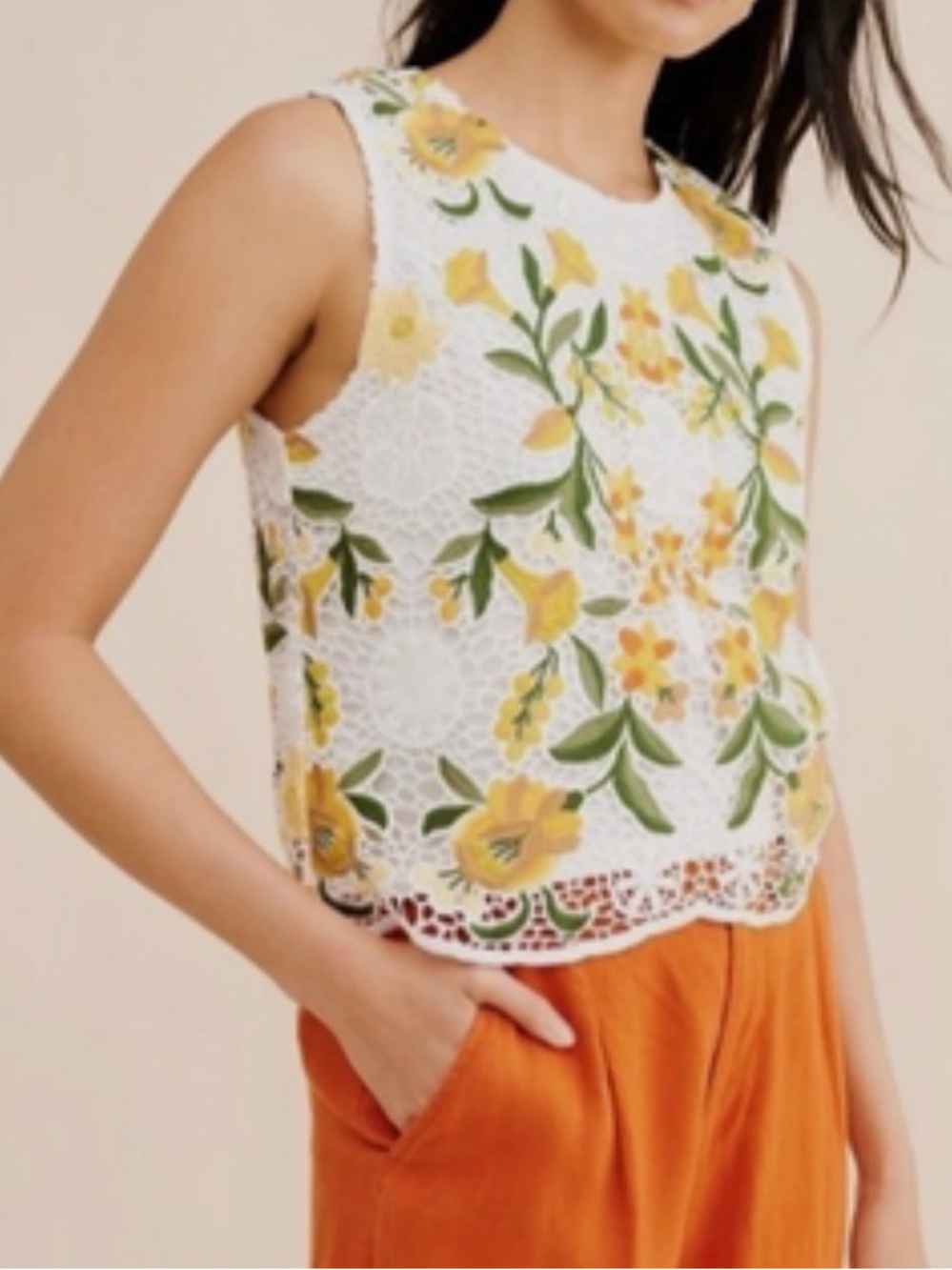 Anthropologie White Crochet Floral Sleeveless Top with Yellow & Green Embroidery